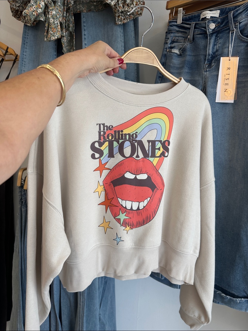 The Rolling Stones Cropped Cream Graphic Crewneck Sweatshirt